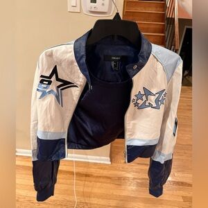 Forever 21 Cropped Faux Leather Moto Jacket Star Flame Heart Y2K- Size Small